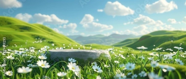 Obraz 3d render platform and Natural background, Stone podium on dry grassland in the valley for product stand display, advertising, mockup. 