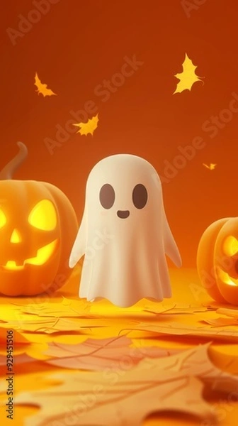 Fototapeta llustration of a halloween ghost and pumpkin face with scary smile on a solid background. Scary carved halloween decoration.