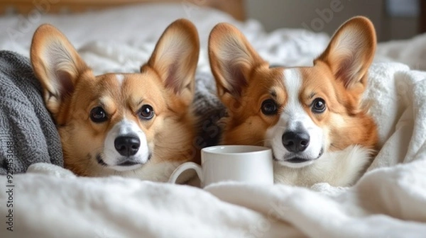 Fototapeta Two Adorable Corgis Relaxing in Bed