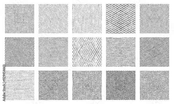 Fototapeta Line crosshatch patterns, cross hatch texture vector seamless backgrounds of vintage hand drawn black pen, ink or pencil hatching. Sketch patterns set of rough parallel fill lines geometric ornaments