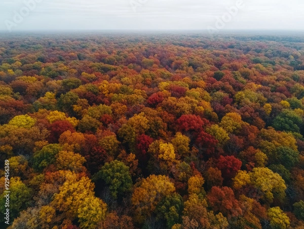 Fototapeta A forest with many trees in various shades of red and yellow