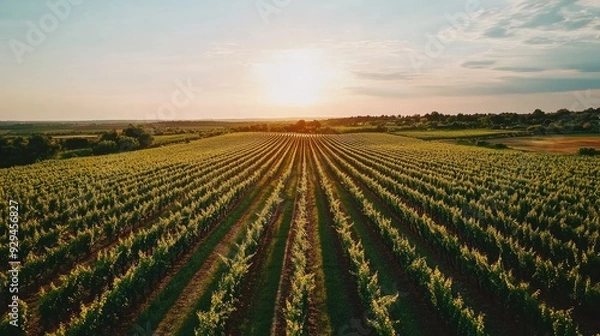 Fototapeta Aerial view of a sprawling vineyard, with rows of grapevines stretching out to the horizon under a bright sky