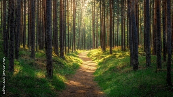 Fototapeta Dense pine forest with a narrow path winding through the trees, leading to a hidden clearing