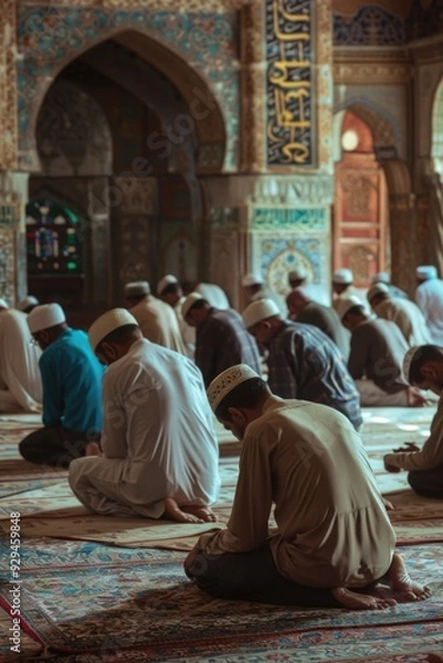 Fototapeta Group of men sitting on a colorful carpet, possibly in a meeting or discussion