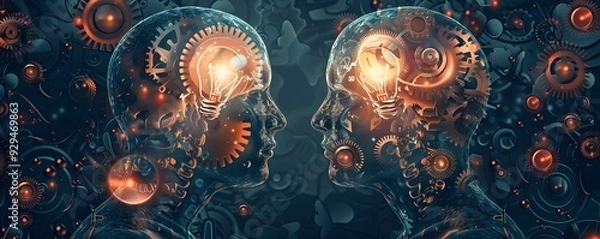 Obraz Two Metallic Heads With Cogs and Lightbulbs