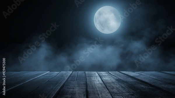 Obraz Misty Night with Full Moon and Wooden Planks.