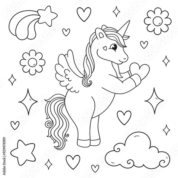 Obraz cute unicorn coloring book, Simple  elements, heart, cute clouds, stars, flowers, coloring pages, collection, children's drawings, line, outline