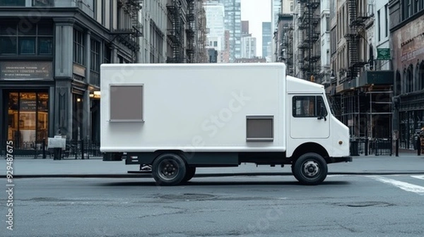 Fototapeta A clean, white food truck parked on an empty street with ample side space for branding. Urban background, minimal details.