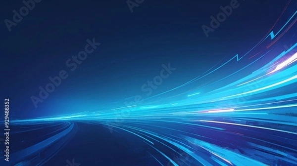 Fototapeta Acceleration speed motion on a night road with light and stripes moving fast over a dark background. This abstract blue illustration captures dynamic movement and high-speed effects.