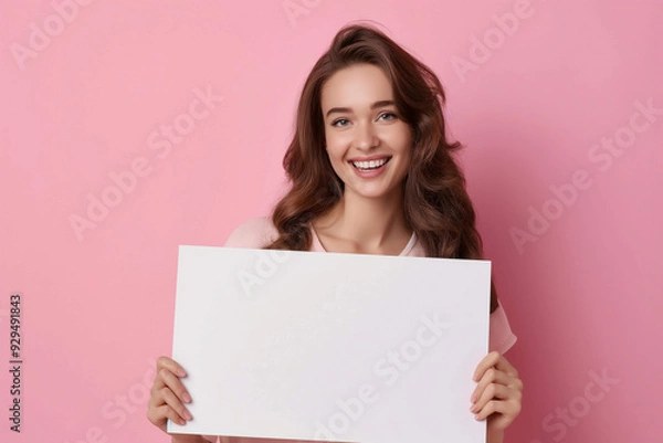 Fototapeta beautiful young woman on a pink background holding a white board with a place for an inscription. picture for advertising, woman encourages, advertises, generative AI