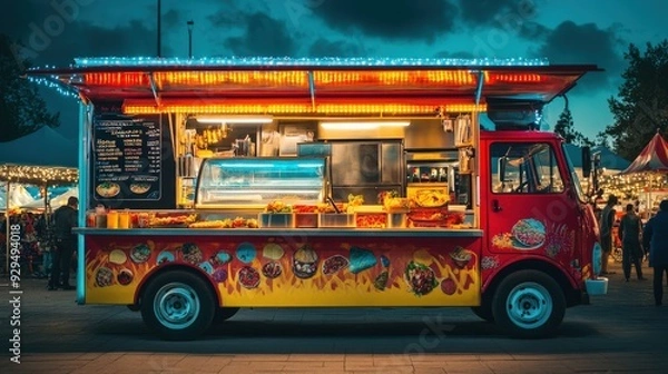 Fototapeta Vibrant food truck parked at a busy festival, with ample space above and below for poster text.