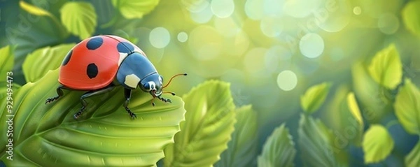Fototapeta Ladybug Perched on a Green Leaf with Bokeh Background