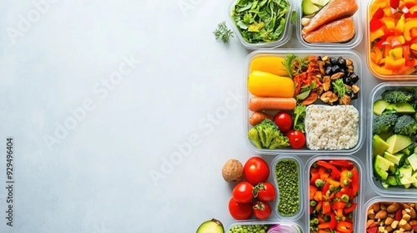 Fototapeta A meal prep plan with containers of healthy food, with space for copy or logos on a clean background.