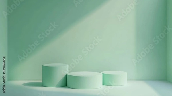 Fototapeta Green podium background with a platform in a 3D studio presentation stage. Features a light abstract pedestal and simple floor stand against a pastel green color backdrop.  