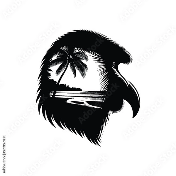 Fototapeta silhouette of Proboscis monkey, filled with ocean beach view with palm tree in rough drawing,