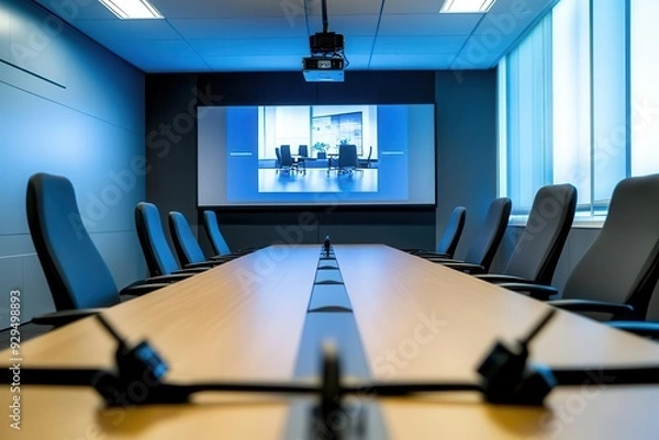 Fototapeta Meeting room with CCTV cameras and video conferencing equipment front view techenabled meetings advanced tone Complementary Color Scheme