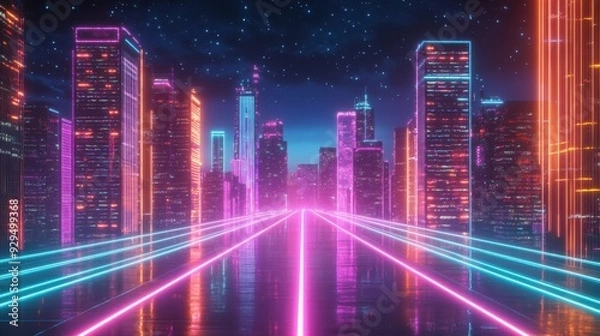 Fototapeta A vibrant neon cityscape at night with glowing buildings and reflective roads.