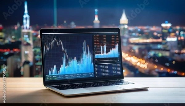 Obraz A computer monitor showing graphs for distribution analysis and consumption monitoring in a high-tech digital environment with information security, financial concept, Generative AI