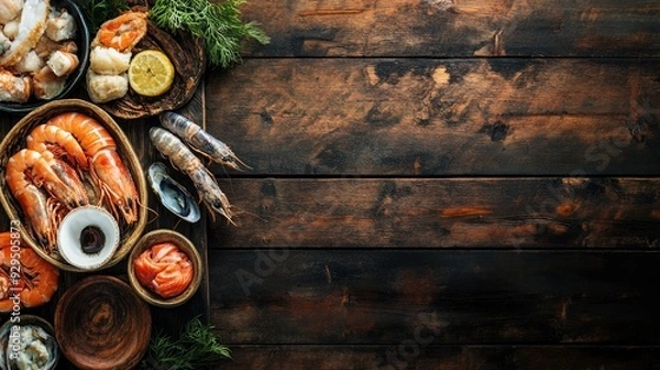 Fototapeta Fresh seafood layout with copy space, showcasing a variety of seafood items on a rustic wooden table.
