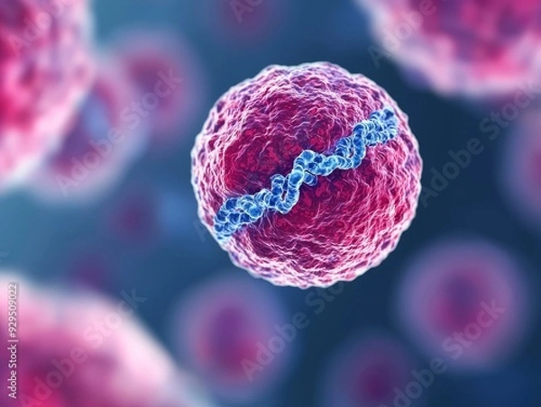 Fototapeta A microscopic view of a cell with a strand of DNA.  The cell is pink and the DNA is blue.  The image is a 3D rendering.