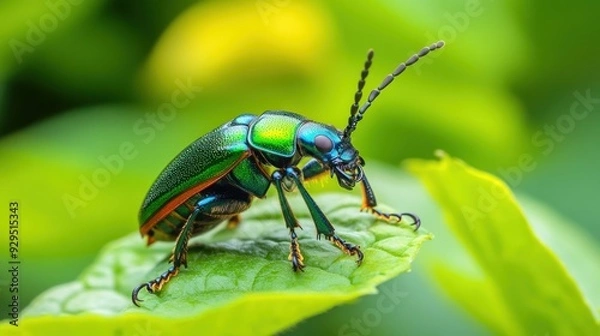 Fototapeta Vibrant Green Beetle on a Leaf