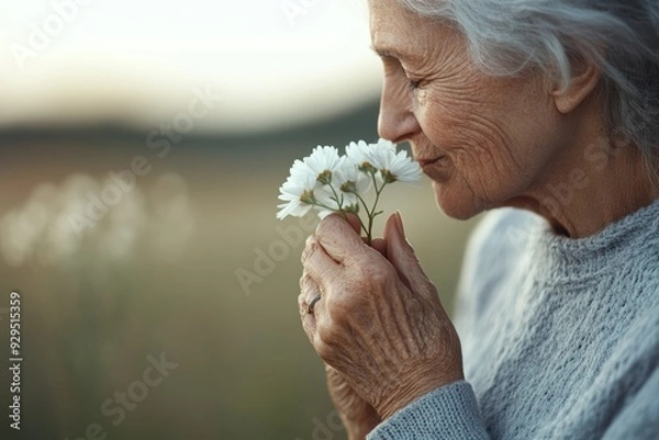 Fototapeta Close-up of a serene elderly woman gently smelling white flowers, symbolizing peaceful aging, nostalgia, and connection with nature.