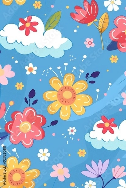 Obraz A simple yet beautiful design featuring flowers and clouds on a bright blue background