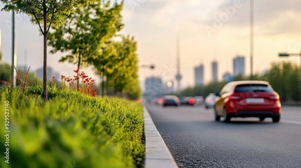Fototapeta A city highway with cars driving during sunset, featuring lush green roadside plants and distant skyscrapers under a glowing sky.