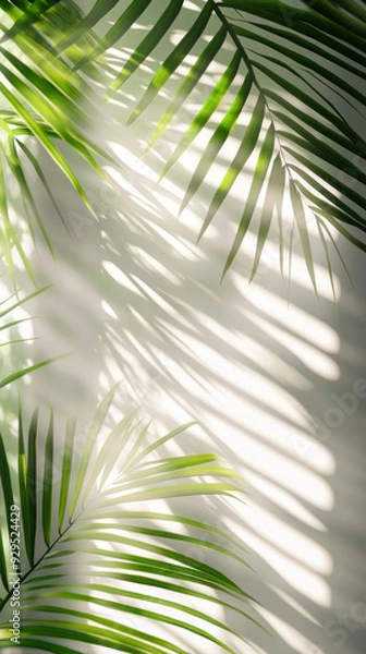 Obraz A leafy green palm tree casts a shadow on a white wall. The shadow is long and thin, stretching across the wall. Concept of calm and relaxation, as the palm tree's leaves