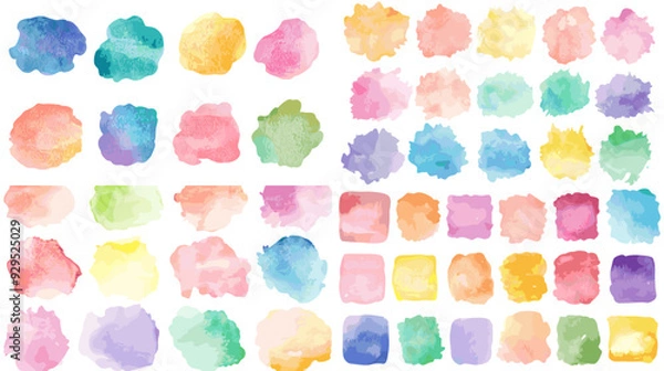 Fototapeta A collection of colorful watercolor splotches. The splotches are of various sizes and colors, creating a vibrant and lively atmosphere. Concept of creativity and artistic expression