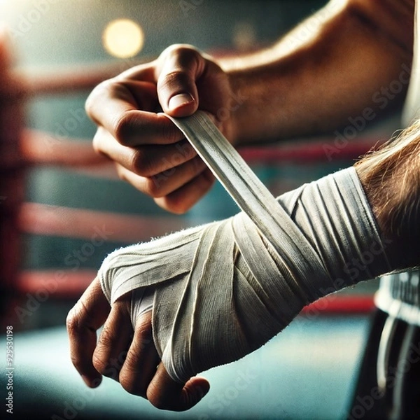 Fototapeta Close-up of hands wrapping white boxing hand wraps inside a boxing ring
