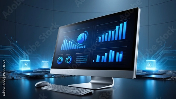 Obraz A computer monitor showing graphs for distribution analysis and consumption monitoring in a high-tech digital environment with information security, financial concept, Generative AI