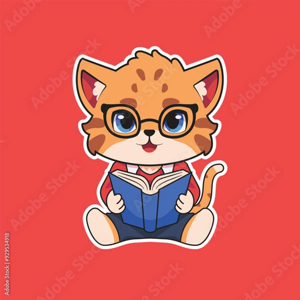 Fototapeta a cute cat character vector illustration mascot logo reading a book