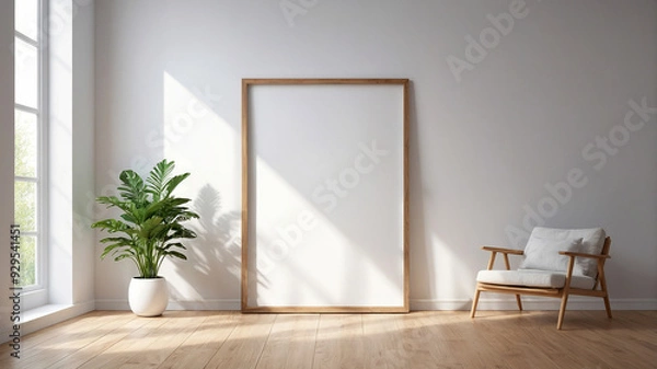Fototapeta Large empty frame propped against a white wall in a minimalist interior. there are tropical plants in pots and wooden chairs exposed to sunlight from large windows