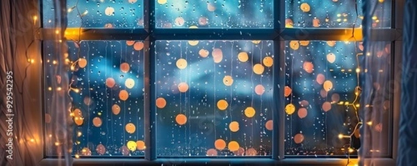 Fototapeta Raindrops on a Window with Festive Lights
