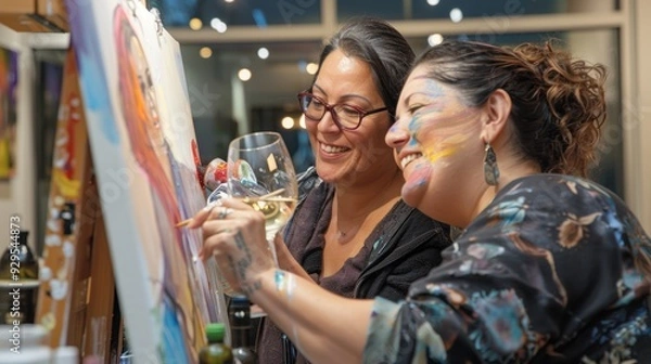 Obraz LGBTQ couple enjoying a wine and paint night, creating art and sipping wine, with a relaxed and creative atmosphere