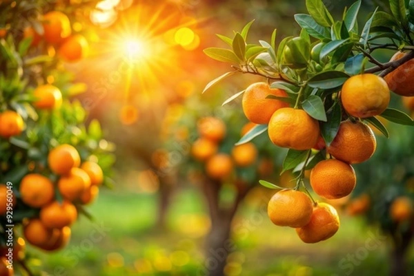 Obraz Vibrant ripe tangerines cling to a branch, bathed in warm golden light, amidst a soft blurred backdrop of lush green orange trees at sunset.