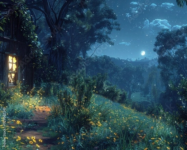 Fototapeta Enchanting Nighttime Landscape: Cozy Cabin in a Moonlit Meadow Surrounded by Lush Greenery and Softly Glowing Fireflies