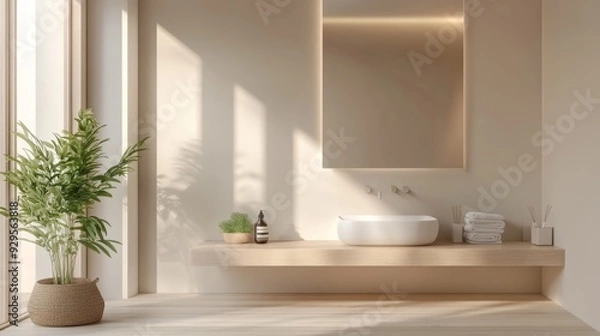 Fototapeta A detailed view of a minimalistic bathroom with a floating vanity, large frameless mirror, and simple fixtures, featuring a serene, uncluttered design.