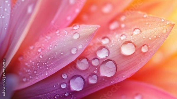 Fototapeta A macro view of dew-covered petals of a flower, with each droplet glistening and adding a fresh, dewy look to the vibrant petals.