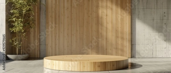 Obraz Wooden Platform Against Concrete And Bamboo Wall.