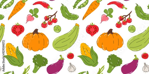 Fototapeta Seamless pattern with images of vegetables. Tomato, pepper, peas, eggplant, carrots, broccoli, cucumber, garlic. Flat vector illustration.