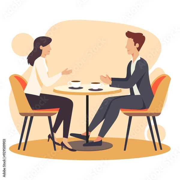 Fototapeta two business professionals having a conversation over coffee at a small round table, very simple flat design style