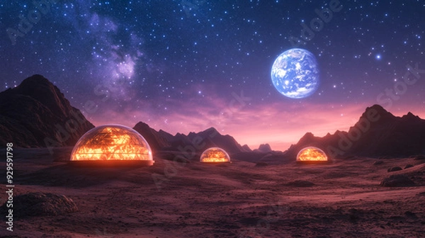 Fototapeta Glowing futuristic domes on an alien planet with a stunning starry sky and a distant Earth-like planet in the background