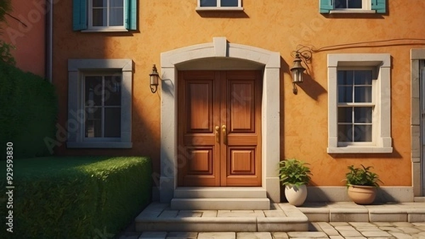 Fototapeta A modern door design of a small house exterior design with elegant front elevation door, creative colorful door design of a house 