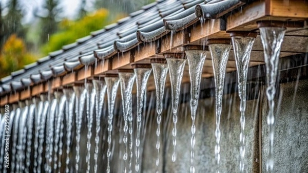 Fototapeta Water cascades down from the edge of a roof, forming a transparent veil that glistens in the sunlight, pouring onto the wet pavement below.