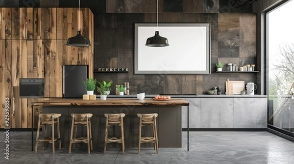 Fototapeta Modern Kitchen Interior with Wooden Accents and a Large Window