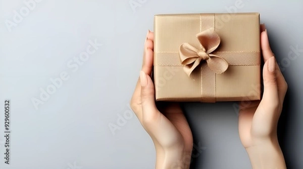 Fototapeta A pair of hands holding a gift wrapped in brown paper with a golden ribbon tied in a bow on top. The background is a plain, light grey surface. 