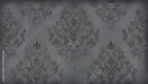 Fototapeta Dark grey damask pattern background with grunge texture, vintage gothic design for wallpaper or cover background. Elegant floral ornament in gothic style for design, generative ai