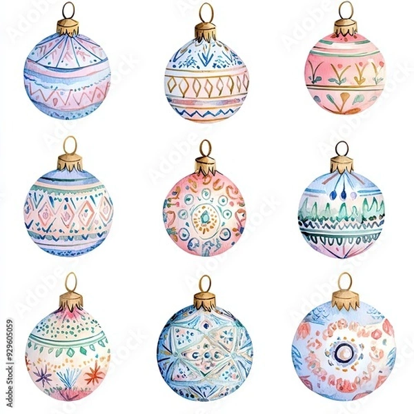 Fototapeta Nine Watercolor Painted Christmas Ornaments with Various Patterns